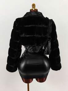 Amplova Women's Solid Color Minimalist Long Sleeve Faux Fur Jacket, Everyday Wear,Party Dresses For Women - Black - View 2