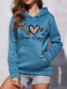 SHEIN LUNE بلوزة نسائية بطباعة حرف وقلب، طويلة الأكمام، جيب، رباط للسحب، كاجوال للخريف/الشتاء - ازرق ضبابي - مشاهدة 3