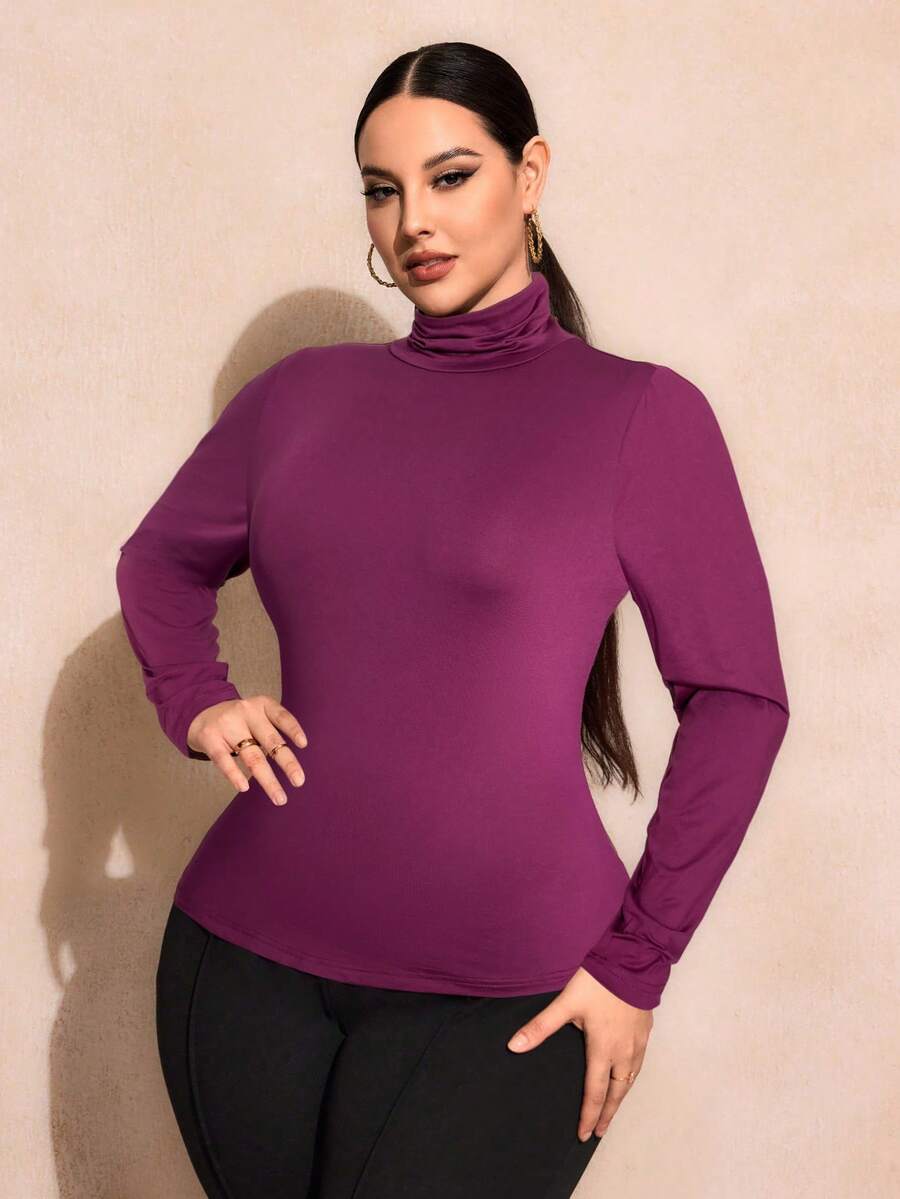 SHEIN SXY 大码纯色修身高领长袖百搭T恤基本款T恤 - 中紫紅色 - 查看 1
