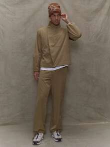 Musero Men Long Sleeve Oversized Stand Collar Hidden Asymmetric Placket Press Button Fastening Co-Ord Sets Top Only Fall/SPRING SUMMER Clothes - Khaki - View 3