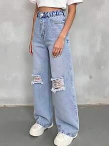 SHEIN Quần jeans denim rách ống đứng đơn giản, rộng rãi, giặt sạch dành cho bé gái tuổi teen + Quần denim cạp chun cơ bản + Quần denim rách màu xanh nhạt, phù hợp với mọi mùa, chất liệu vải thoải mái - Rửa nhẹ - Xem 7