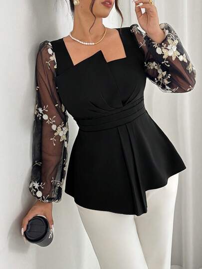 Cravure Plus Size Women Asymmetric Collar Cinched Waist A-Line Mesh Embroidered Fabric Patchwork Elegant Blouse, Autumn/Winter