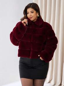 Auralis 大码女士优雅仿皮草外套，简约纯色百搭夹克，适合秋冬季穿着 - 酒紅色 - 查看 6