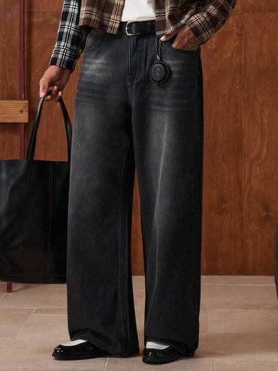 EASEVO Plus Size Straight Loose Casual Jeans With Pockets Black Washed Jeans Black Flared Jeans For Men Black Baggy Jean Jeans Wide Leg