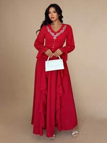 Rafferiza Women's Elegant Palace Style V-Neck Rhinestone Embellished Waist Flared Ruffle Hem Long Sleeve Maxi Dress Red Maxi Dress Women Red Long Dress Arabian Dresses For Women Turkish Dress Najma Dress - Red - View 6