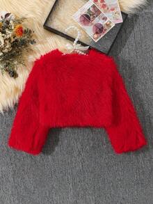 Elladie kids 女童时尚仿皮草装饰背心夹克，优雅休闲外套，适合秋冬 - 紅色 - 查看 2