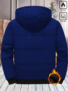 Manfinity Homme 男士保暖休闲日常通勤纯色抽绳连帽拉链保暖长袖羽绒服，秋冬男士保暖外套，男士羽绒服 - 藍色 - 查看 2