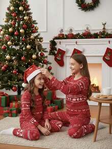 Pijama de 2 piezas de manga larga y pantalones con estampado de la serie navideña para niñas, elegante y cómodo, ajuste ceñido - Rojo - Ver 3