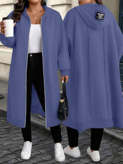 SHEIN CURVE+ 大码女式灰色休闲百搭长款连帽衫，秋冬