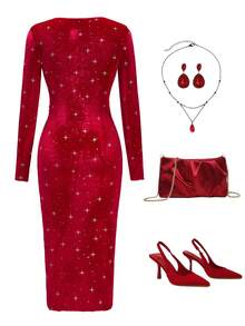 Women's Mid-Length Dress, Women's Slim Fit Elegant Red Sequin Dress, High Slit Dress, Sequin Dress, Christmas - Multicolor - View 2