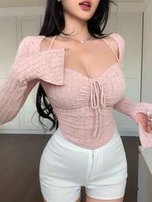 DAZY 纹理条纹和波尔卡圆点抽绳领口喇叭袖高开衩修身运动上衣，粉色女式长袖 T 恤，适合秋季、春季、新年、圣诞节 - 粉色 - 查看 5