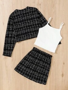 Firerie Kids Firerie Kids Tween Girl Urban Chic Plaid Bow Print Long Sleeve Jacket And Mini Skirt Set