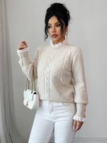 Selianne Elegant Solid Color Sweater, Fashionable Palace Style, Graceful Lace Collar, Metal Button Cuff Decoration, Suitable For Christmas Party, Outing, Dating, Commuting, And Home Wear - Apricot - View 7