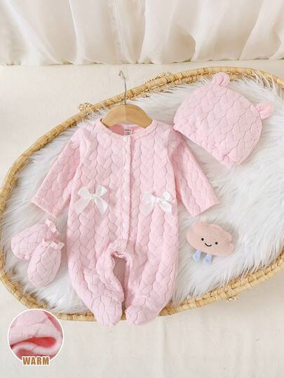 SHEIN 1pc Newborn Baby Girl Cute Outfit Set: Round Neck Long Sleeve Jumpsuit + Hat & Gloves, Pink, Warm Thermal Lined Jumpsuit With Bow, Elastic Waist, Suitable For Autumn/Winter Outdoor Or Indoor Wear