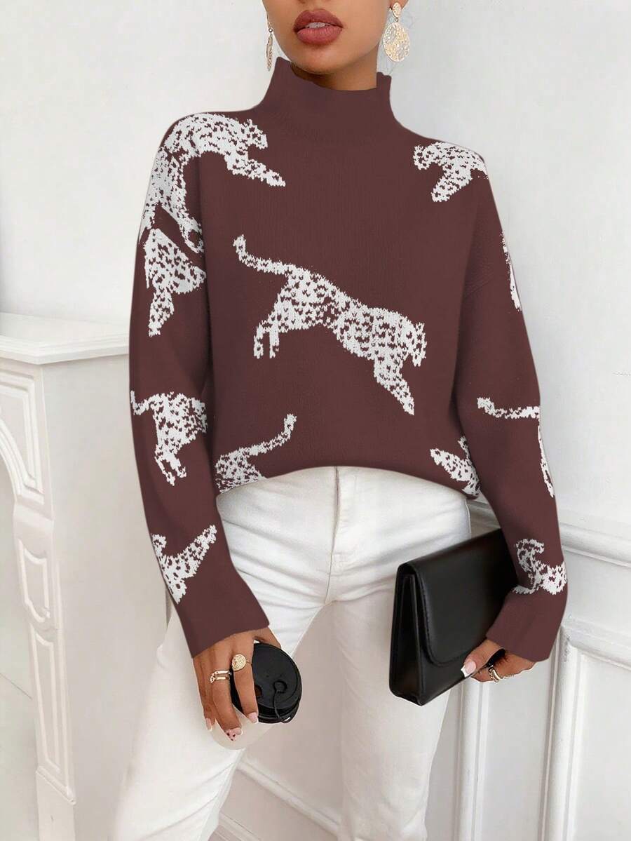 SHEIN Clasi Women's Fashionable Animal Pattern Stand Collar Sweater, Autumn/Winter - Coffee Brown - View 1