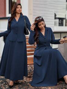 Vionelle 大码女式法式休闲长袖上衣和中长裙两件套，秋冬 - 藏蓝色 - 查看 1