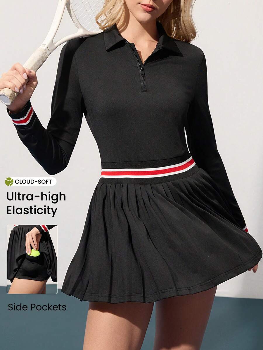CourtClass Women's Zip-Up Polo Collar Striped Long Sleeve Pleated Hem Sports Dress With Shorts Tennis Dress Long Sleeve Tennis Dress Black Tennis Dress Polo Dress Tummy Control Tennis Dress Tennis Skirt Set Pleated Tennis Dress Tennis Dress With Shorts Zip Up Tennis Dress Long Sleeve Tennis Outfit