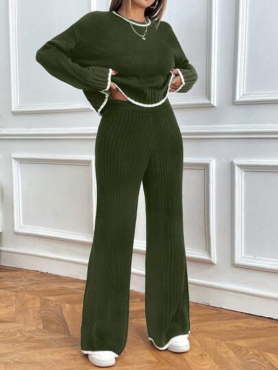 SHEIN PETITE Women Casual Long Sleeve Sweater & Pants 2 Pieces Set