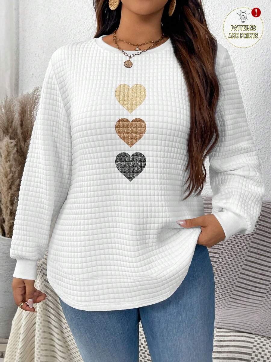 EMERY ROSE Plus Size Casual Versatile White Three-Color Heart Gradient Sweatshirt For Women,Smart Casual Everyday Summer Halloween Fall Long Sleeve Tops - Multicolor - View 1