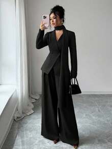 SHEIN Elenzya Women's Burgundy Thick Fabric V-Neck Asymmetric Collar Design Long Sleeve Blazer, Casual Jacket And Wide Leg Pants Set - Black - View 3