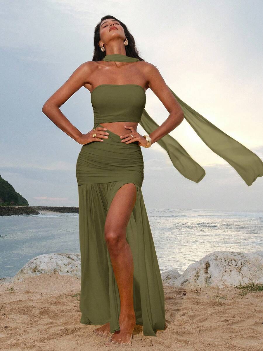 Opulessa 女士纯色针织镂空设计修身开衩连衣裙 - 軍綠色 - 查看 1