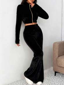 Franclia 2pcs Set: Plush Fabric Collared Zip-Up Cardigan And Pants - Black - View 7