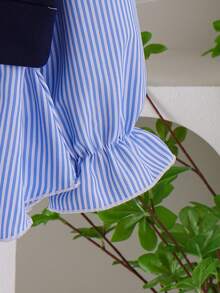 Young Girls Navy Blue Knit Patchwork Blue & White Striped Long Sleeve Sweatshirt, Fashion Letter Print Design, Versatile Children Autumn/Early Fall Pullover - Blue - View 5