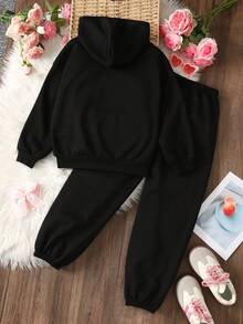 SHEIN Tween Girls' Loose Casual Minimalist Comfortable Thermal Lined Hoodie Sweatshirt And Jogger Pants Set - Black - View 5