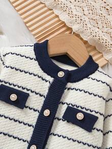 SHEIN Vintaside Kids 2pcs Baby Girls Striped Pattern Round Neck Button Front Long Sleeve Top And Solid Color Pants Sweater Set - Royal Blue - View 9
