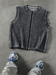 Manfinity EMRG Men's Casual Striped Sleeveless Knit Vest , Fall Winter - Dark Grey - View 3