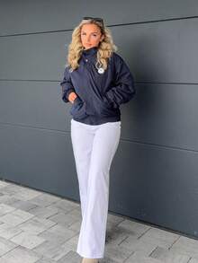 Jeta Ari معطف نسائي بياقة مزيفة مطبوع، بسحاب إغلاق، أكمام طويلة، قصة فضفاضة، مبطن بالفليس، ملابس نسائية للخريف - أزرق بحري - مشاهدة 5