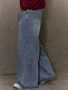Musero Basic Style Baggy Wide Leg Denim Jean Trouser Winter - Dark Wash - View 3