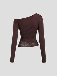 Sweetra 2pcs Women Solid Color Lace Patchwork Asymmetrical Shoulder Long Sleeve T-Shirt And Pants Set - Brown - View 4