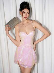 Sweetina 女士性感闪亮迷你吊带裙，适合派对、约会之夜 - 淺粉色 - 查看 1