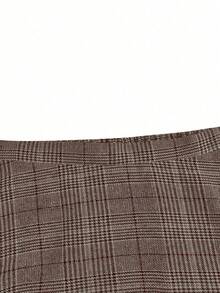 SHEIN PETITE CURVE Saia A-Line Casual Xadrez Plus Size para Mulheres, Adequada para Outono/Inverno, Bainha Evasê, Favorecedora, Xadrez Clássico, Versátil na Moda - Café - Visão 5