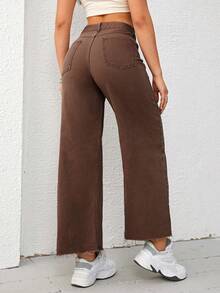 SHEIN ICON Jeans rectos de talle elástico con dobladillo deshilachado para mujer talla grande, color marrón café - Café integral - Ver 2