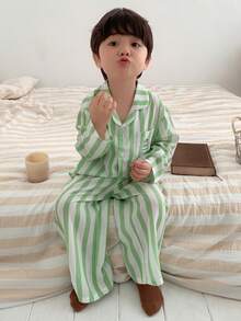 DAZY 2pcs Baby Boys' Striped Shirt Casual Comfortable Top And Striped Casual Pants Pajama Set Spring Toddler - Mint Green - View 6