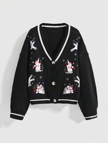 ROMWE Áo len cardigan dài tay họa tiết người tuyết và bông tuyết thêu họa tiết Giáng sinh cổ chữ V màu đen và trắng tương phản dành cho nữ - màu đen - Xem 1