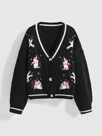 Cardigan a maniche lunghe casual da donna con scollo a V, a contrasto bianco e nero, lavorato a costine, con ricamo di pupazzo di neve e fiocchi di neve, adatto per il Natale