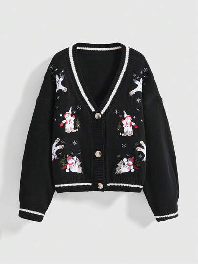 Women's Casual V-Neck Black & White Contrast Ribbed Christmas Snowman & Snowflake Embroidered Long Sleeve Cardigan Sweater