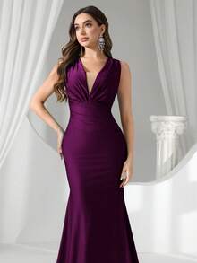 Coutiva 性感深 V 弹力高腰不对称褶饰鱼尾晚礼服，适合婚礼、活动、派对、蜜月、伴娘礼服 - 紫色 - 查看 6