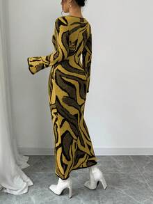 Elenzga Women's Casual Patterned Bell Sleeve Fitted Knit Dress, Autumn/Winter - Yellow - View 2