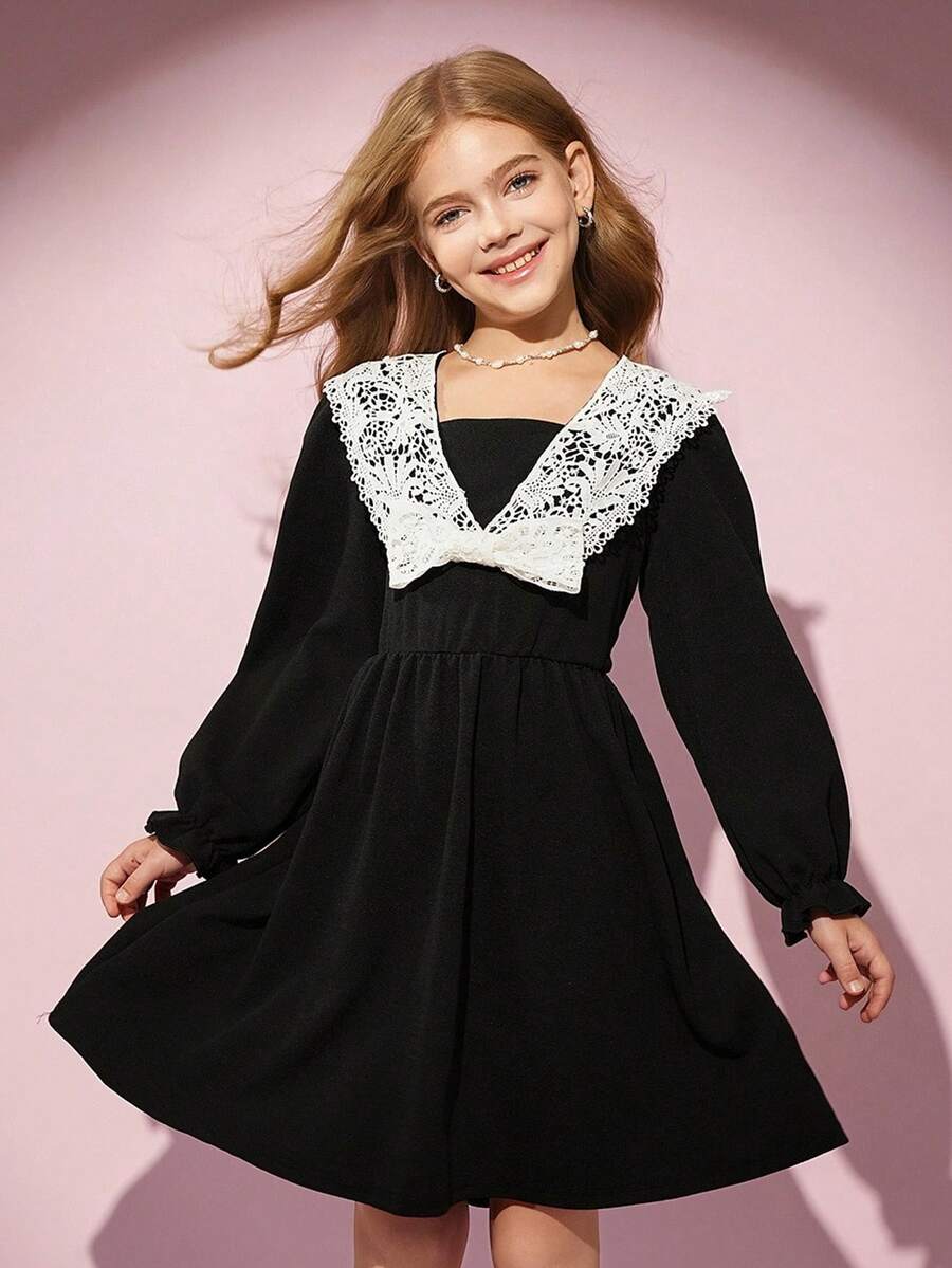 SHEIN Girls' White Lace Trim Bow Decor V-Neck Lantern Sleeve Waist ...