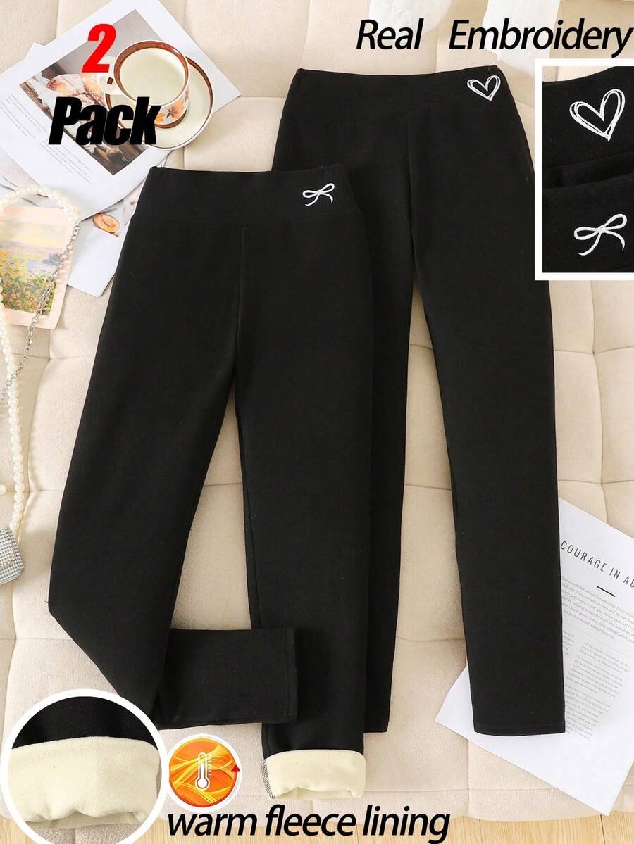 SHEIN 2件套少女休闲家居高领保暖弹力针织PU字母贴片修身打底裤，黑色和灰色，适合日常、居家、上学等场合，百搭黑色打底裤，适合儿童冬季穿着，黑色长裤，打底裤套装 - 彩色 - 查看 1