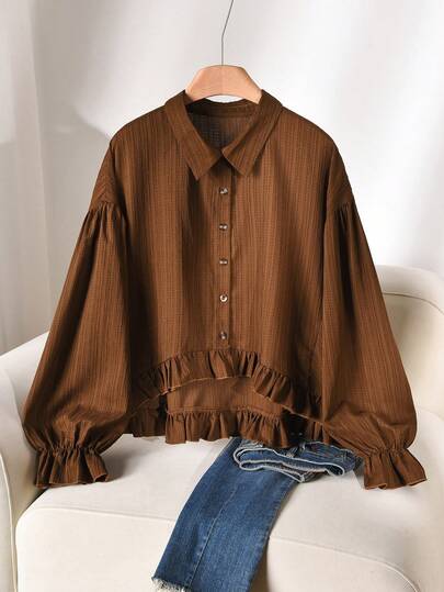 CosyJoli Plus Size Women Casual Solid Color Frill Trim Button Down Shirt Brown