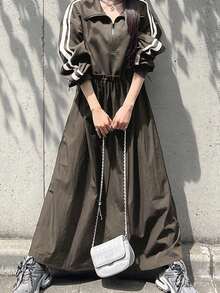 FRIFUL 女式 Polo 领休闲侧条纹宽松长款运动连衣裙