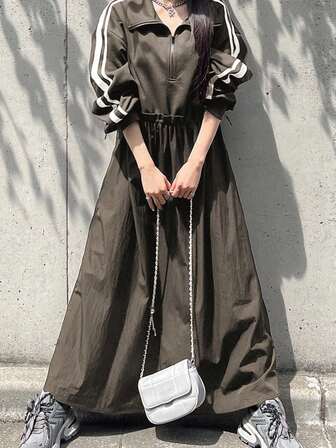 FRIFUL Women's Polo Collar Casual Side Stripe Loose Fit Long Sporty Dress