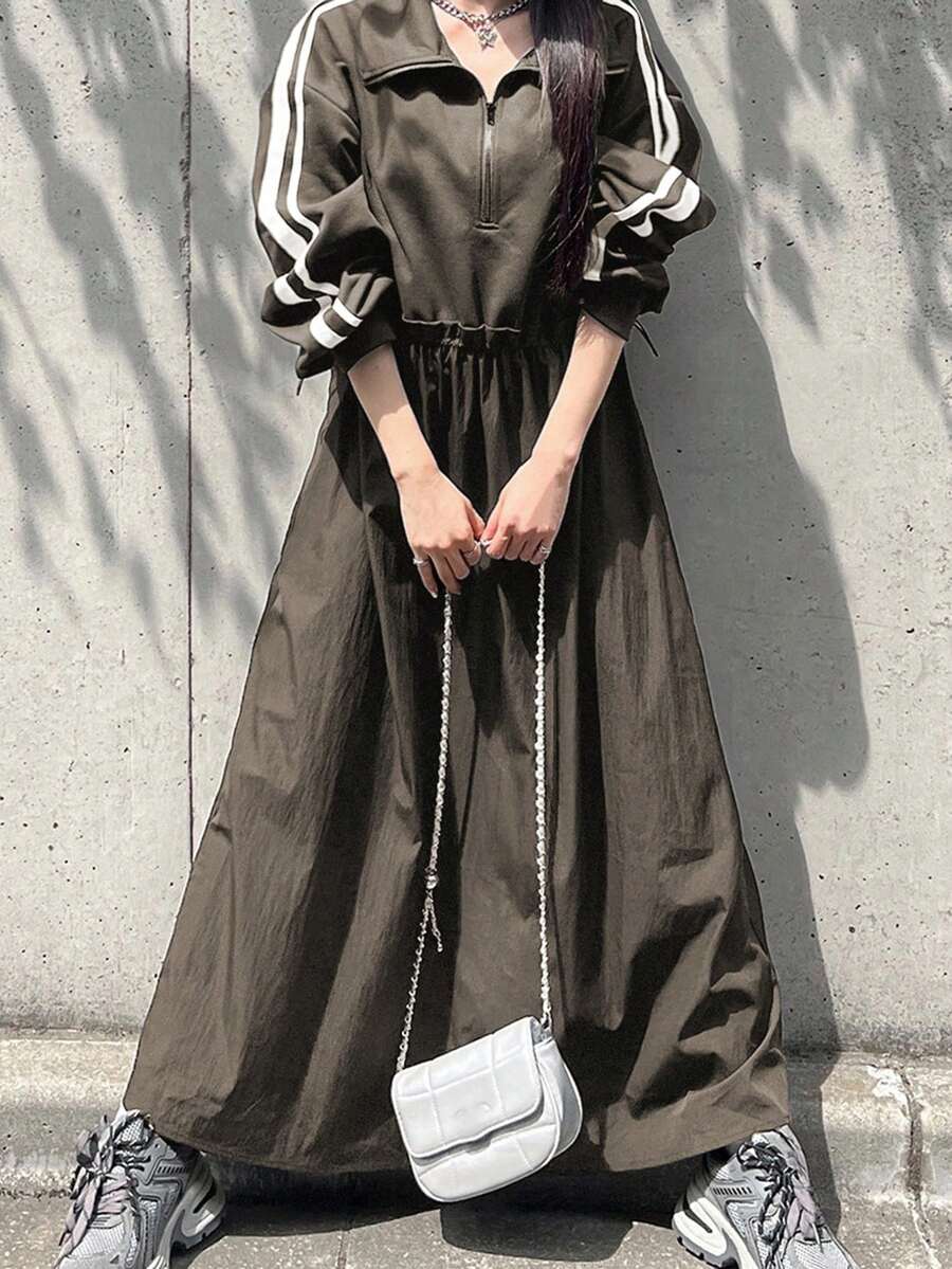 FRIFUL 女式 Polo 领休闲侧条纹宽松长款运动连衣裙