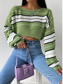 SHEIN Unity Sweater Pullover Wanita Kasual Sehari-hari dengan Motif Garis-Garis Blok Warna, Bahu Jatuh, Lengan Lentera Longgar, Model Crop, Musim Gugur/Dingin - Hijau - View 4