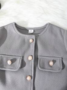 Elladie kids 少女时尚白色袖口灰色长袖假口袋外套搭配宽松休闲珍珠纽扣腰裤套装，秋冬季